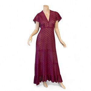 Vintage-Inspired Plum Lace Maxi Dress with Flutter Sleeves * Small